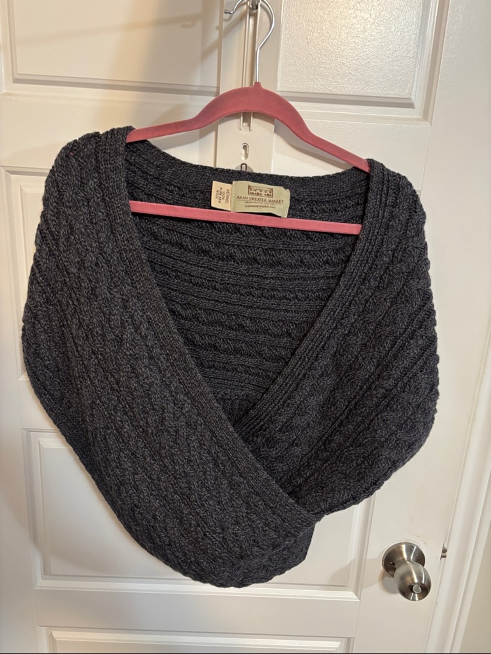 Aran Market Cozy Cable-Knit Off-the-Shoulder Sweater Wrap in Dark Gray